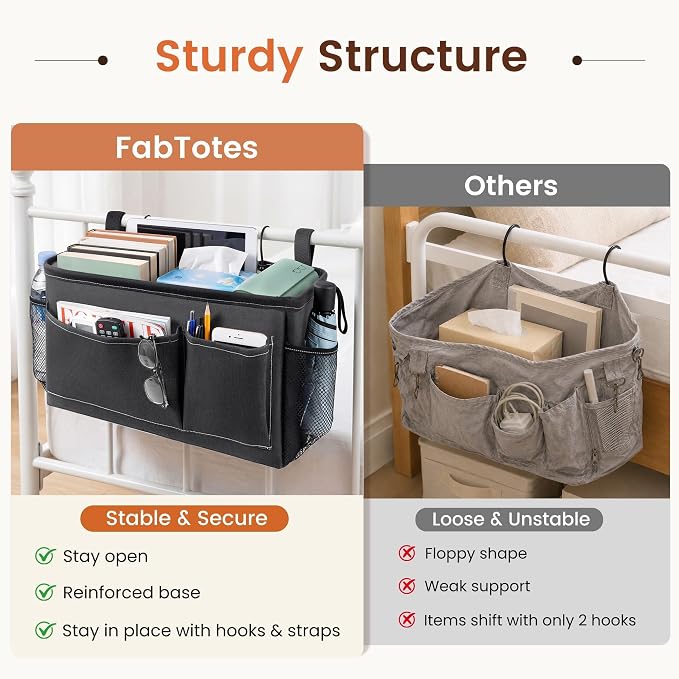 Bedside Caddy for Dorm Bed, Bedside Storage Bag Hanging Organizer | Metal Frame - Image 2