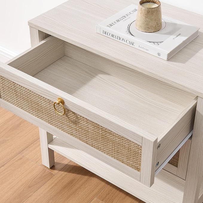 SICOTAS White Rattan Nightstand, Wide Bedside Table - Image 8