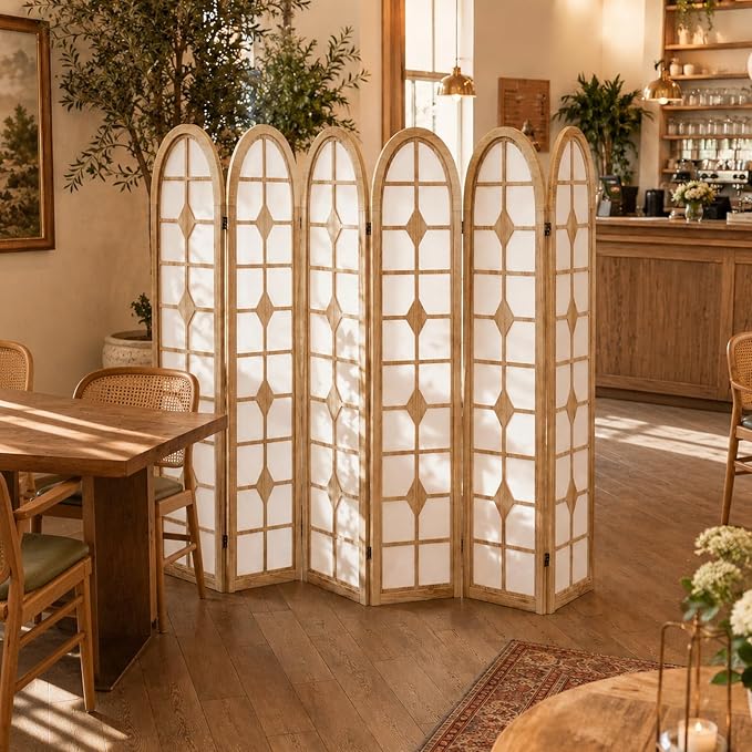 6 Panel Shoji Room Divider, Wood Folding Privacy Screen, Natural | Wood Room - Image 5