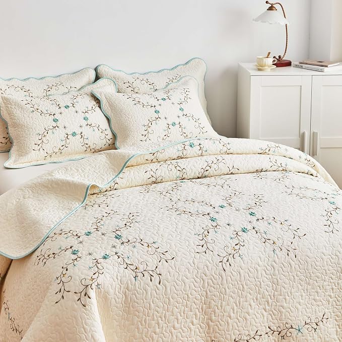 ROOMLIFE Quilt Set King Size 3D Floral Embroidery Pattern 3-Piece Cotton | - Image 4