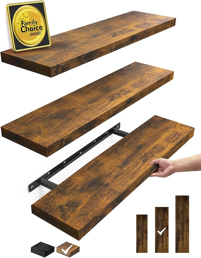 BAYKA Rustic Brown Floating Shelves 22.5in, 3 Pack, Wall Mount Wood Shelf | by Bayka