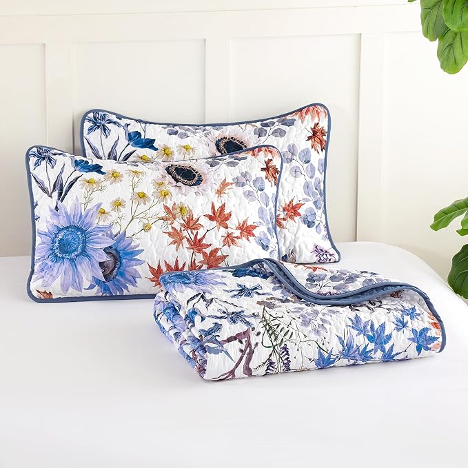 Yiran Blue Floral Quilts Queen Size, Sunflower Botanical Bedding Set | Spring - Image 9