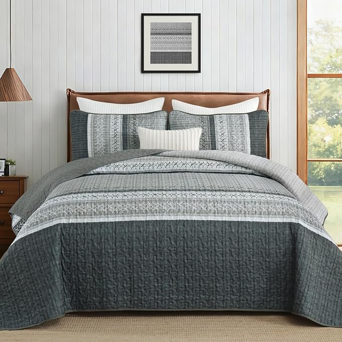 Cottolester Gery Quilt Set Queen, Soft Striped Texture Bedspread Coverlet | by Cottolester