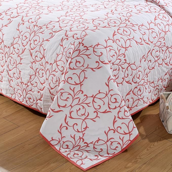 ROOMLIFE Quilt Set Full Size 3D Floral Embroidery Pattern 3-Piece Cotton - Image 3