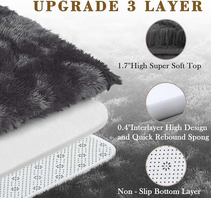 6x9 Shag Area Rug for Living Room, Dark Grey Tie-Dyed Plush Fluffy Carpet | - Image 6