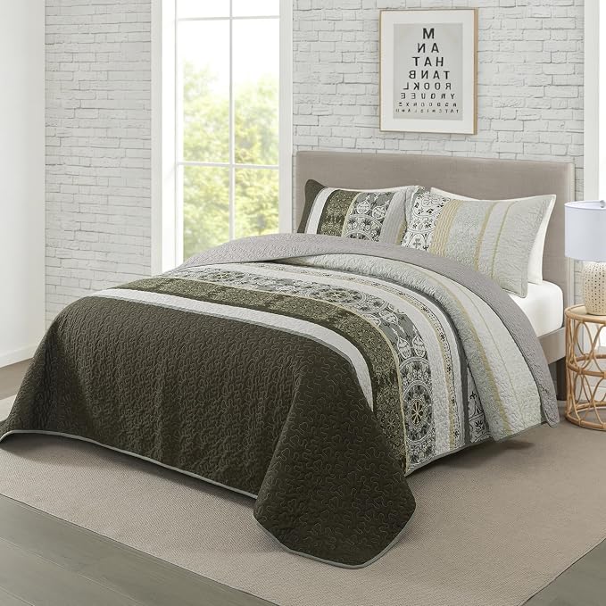 3-Piece Quilt Set Floral Printed Oversized Quilted Bedding Set Quilted - Image 2