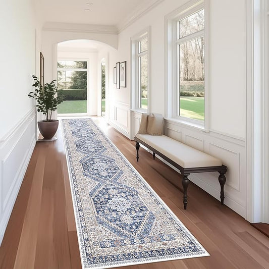zesthome Washable Runner Rug 2.5x16 - Stain Resistant Entryway Rug,Ultra-Thin Kitchen Rugs, Anti Slip Backing Runner Rugs for Entrance Laundry Room Indoor Hallway (Blue/Beige,2.5'x16')
