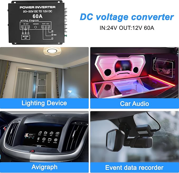 MEIRIYFA DC 24v to 12v 60A Power Converter Inverter,DC Step Down 24v to 12v 720W Large Power Supply Converter Car Voltage Electric Buck Regulator Reducer for Motor Car Truck Vehicle Boat Solar System