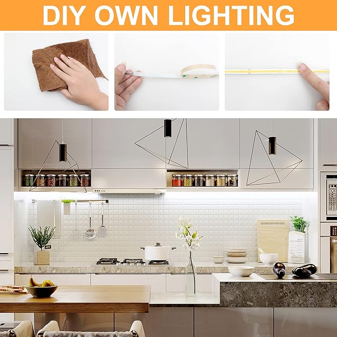 AXMOTUT 32.8ft White COB LED Strip Light, High Bright LED Strips with 320LEDs, RF Remote and UL Power Supply, 6000K Dimmable LED Lights for Bedroom, Kitchen, DIY Home Decoration, 2 Rolls of 16.4ft