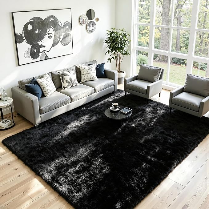 6x9 Fluffy Area Rug for Living Room: Soft Non-Slip Black Bedroom Carpet | Ultra - Image 2