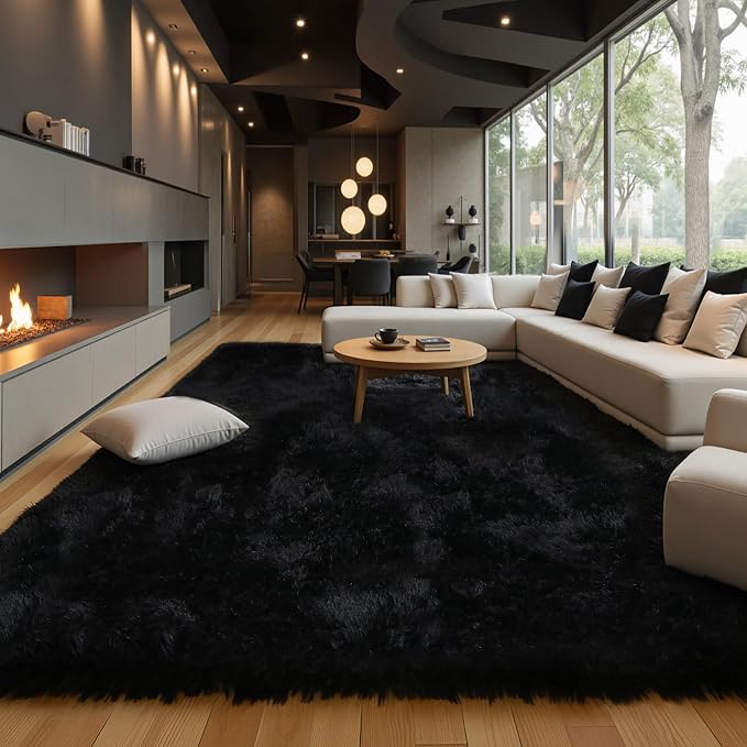 KICHOWUA Black Fluffy 9x12 Area Rug Bedroom Living Room Soft Washable Shag | - Image 7