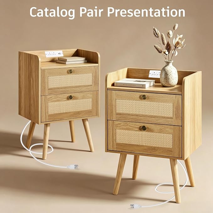 Rattan Nightstands Set of 2, Boho Bedside Table - Image 4