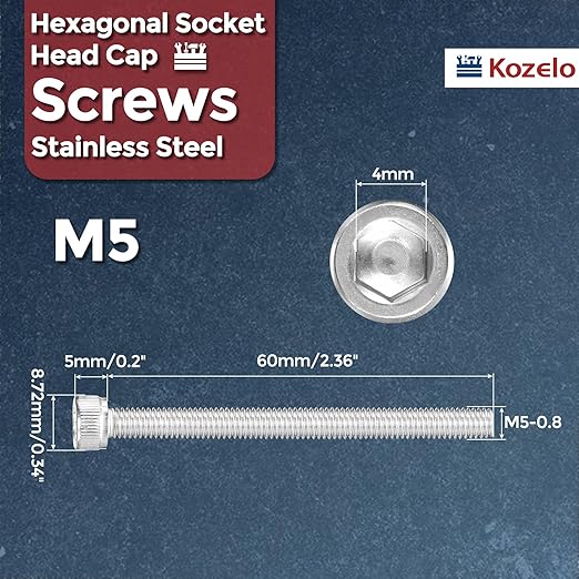 Kozelo 10pcs Socket Head Cap Screws - [M5-0.8 x 60mm] 304 Stainless Steel Allen Socket Drive for Electrical Motor 3D Printing Fan Engine Replacement Use, Silver