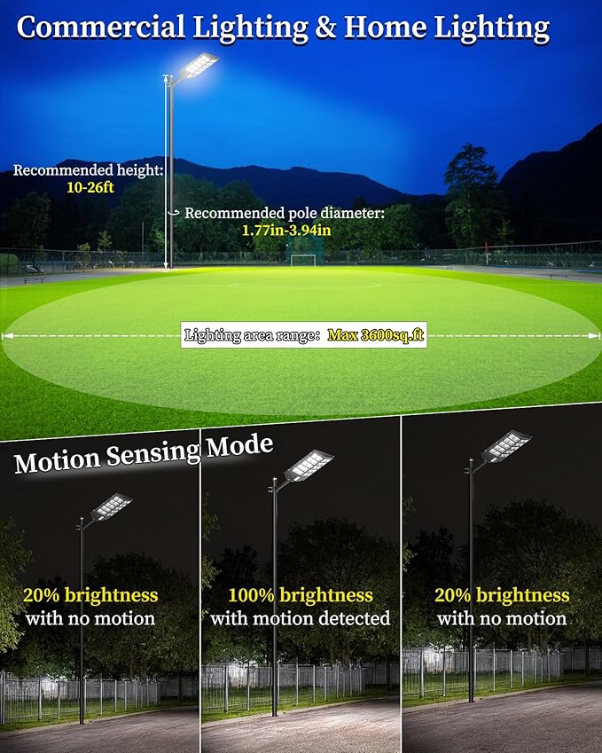 Gefolly SL-6200W Solar Street Light Outdoor 620000LM Wide Angle Commercial Parking Lot Lights Dusk to Dawn 6500K Flood Security Light IP67 Lamp for Basketball Court, Yard, Road