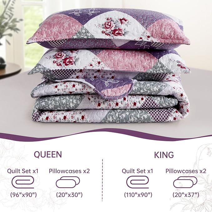 Dinjoy Boho Quilt Set California King, Patchwork Floral Bedspreads, Reversible - Image 7