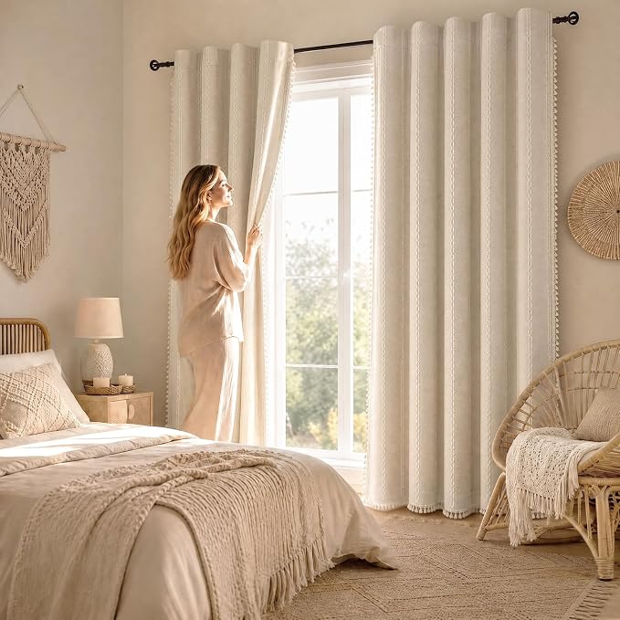 Boho 100% Blackout Curtains 84 Inch 2 Panels Linen Blend Beige | Vintage - Image 8