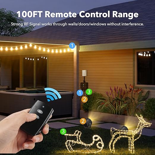 BN-LINK Outdoor Indoor Wireless Remote Control 3-Prong Outlet Weather Proof Heavy Duty 15 AMP Compact (Black) 3 Grounded Outlets with Remote 6-inch Cord 100ft Range ETL Listed