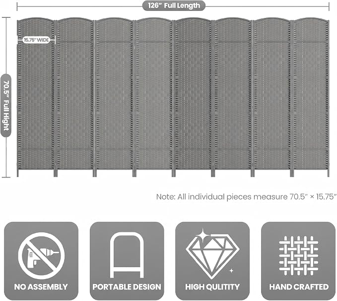 8 Panel Folding Room Divider, Woven Privacy Screen, handcrafted diamond pattern - Image 3