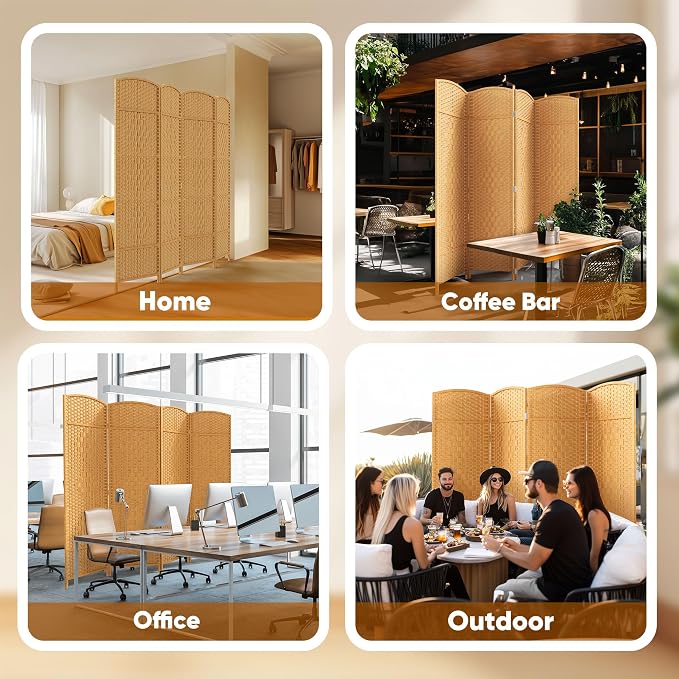 Rattan Room Divider, 4-Panel Folding Privacy Screen 6ft. Extra Wide | Room - Image 8