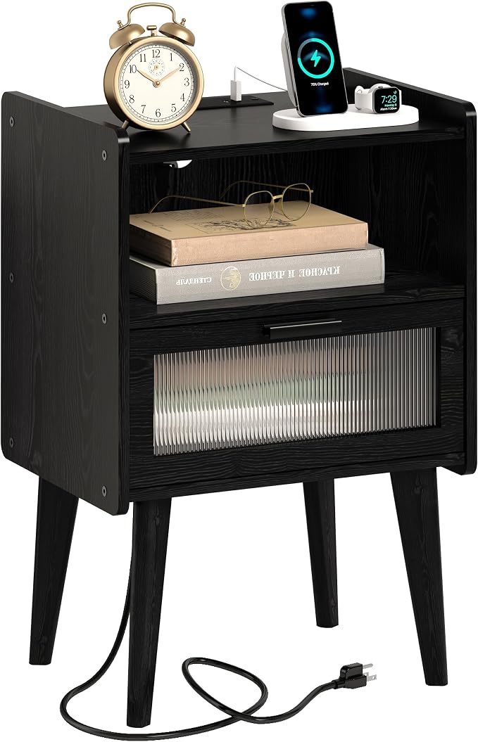 MMEOLUOOK Nightstand with Charging Station, Bedside Tables with Glass by MMEOLUOOK