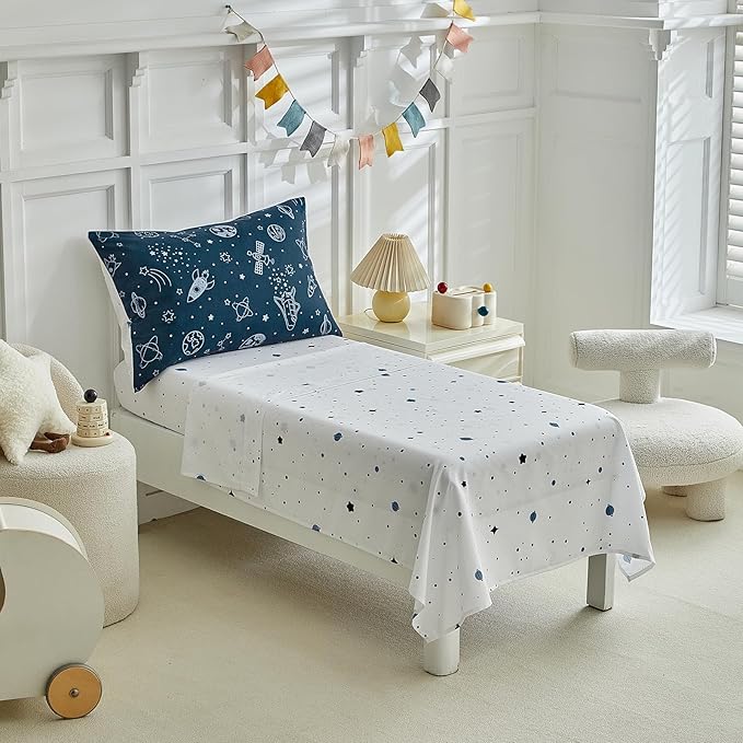 4 Pieces Toddler Bedding Set for Boy,Space Toddler Bed Comforter Set,Soft and Breathable Microfiber Crib Sheet Set,Includes Quilted Comforter, Flat Top Sheet, Fitted Sheet, Envelope Pillow Case -Blue