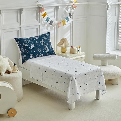 4 Pieces Toddler Bedding Set for Boy,Space Toddler Bed Comforter Set,Soft and Breathable Microfiber Crib Sheet Set,Includes Quilted Comforter, Flat Top Sheet, Fitted Sheet, Envelope Pillow Case -Blue