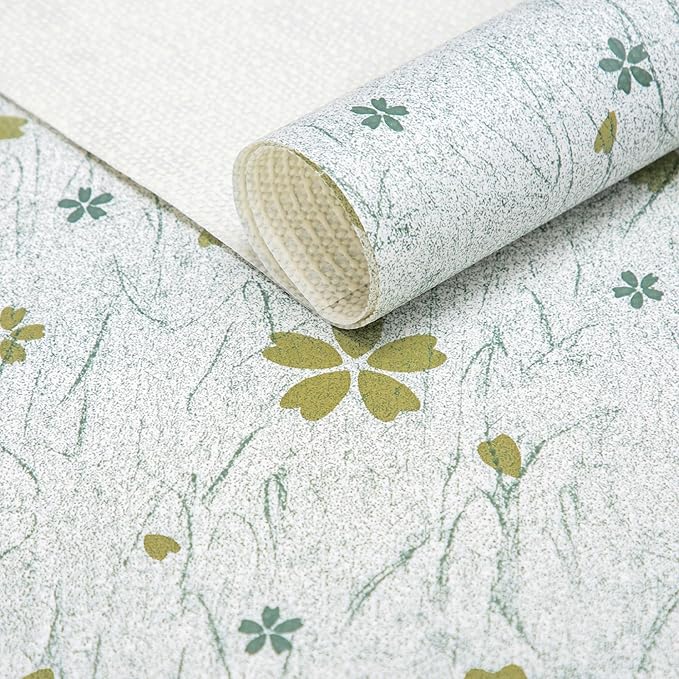 RAY STAR 18X96 Inch Shelf Liner for Kitchen Cabinets, Non-Adhesive Cabinet Liner Washable, PVC Drawer Liner for Dresser Non-Slip Bathroom (Green-Floral)(4 Roll)