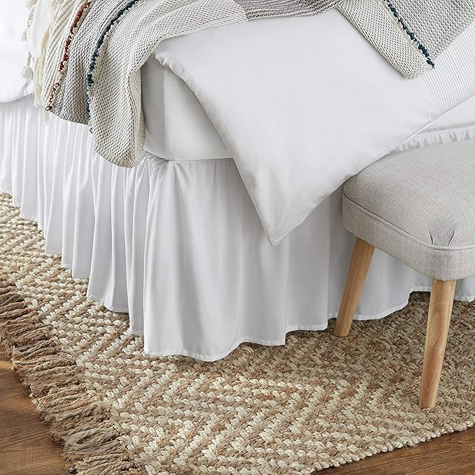 KRISHNA Ruffled Bed Skirt with Split Corners Full, 100% Microfiber Hotel Quality, 28 Inch Drop Dust Ruffle Gathered Bedskirt with Platform, 54" x 75", White