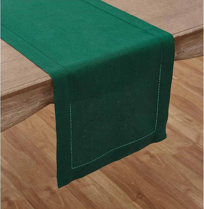 Solino Home Linen Table Runner 108 Inches Long - 100% Pure Linen Rainforest Green Table Runner 14 x 108 Inch for Christmas, New Year - Classic Hemstitch