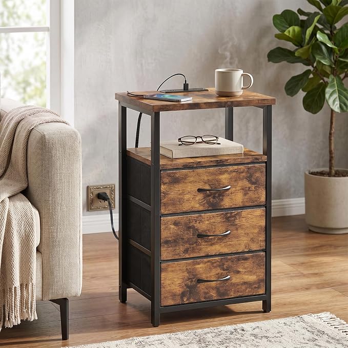 Fixwal Night Stand with Charging Station, 3 Fabric Drawers, Rustic Brown | - Image 6