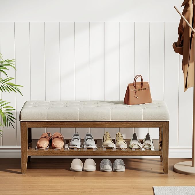 REONEY Bedroom Bench, Tufted Button Window Seat, - Image 8