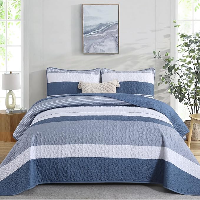 Dinjoy King Boho Striped Quilt Set, Mineral Blue Lightweight Bedspread | Soft by DINJOY