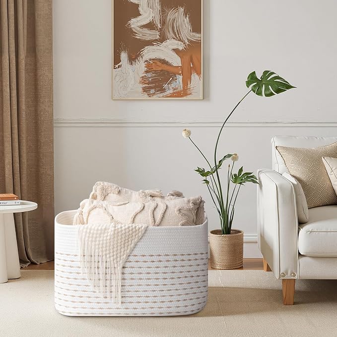OIAHOMY 75L Blanket Basket, Woven Cotton Rope Basket - Image 3