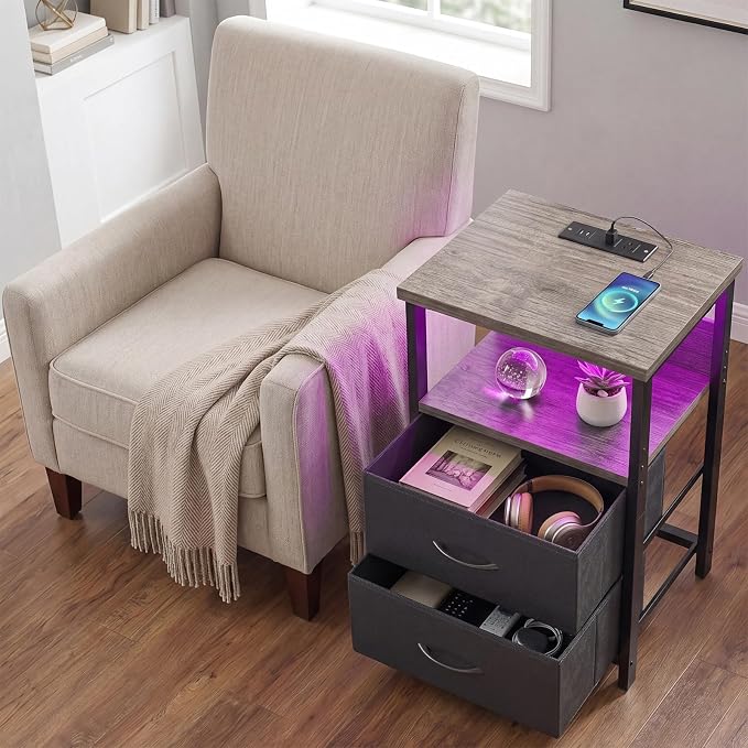 Fixwal Night Stand with Charging Station, Led Nightstand, 2 Fabric Drawers | - Image 6