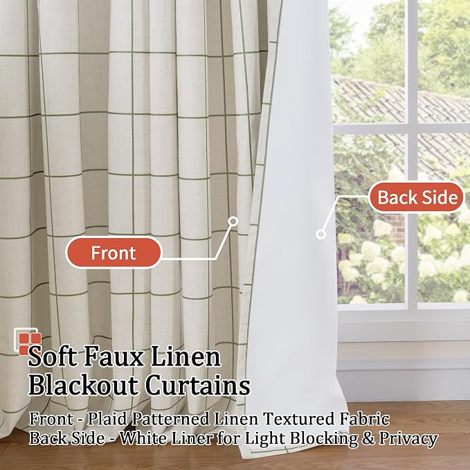 Plaid Blackout Curtains 96 Inch Long, 52 Wide 2 Panels, Dark Green | Linen - Image 3