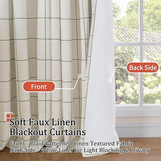Plaid Curtains 90 Inches Long, 2 Panels Each 52 Wide, Dark Green | Linen - Image 3