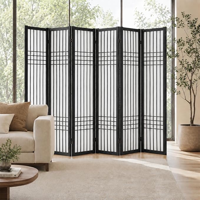 6 Panel Room Divider, 66.9" Tall Folding Privacy Screen, Pine Wood Frame Design by AsNefeli