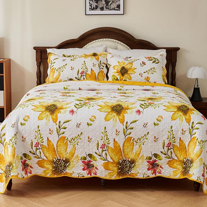 EVENHUG 100% Cotton Quilt Queen Size Yellow Sunflower Bedding Set Floral - Image 5