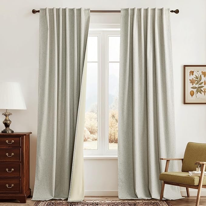 RYB HOME 100% Blackout Beige Linen Blackout Curtains, Thermal Insulated Privacy by RYBHOME