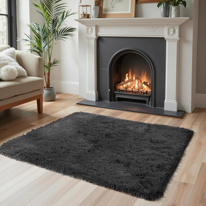 Small Shag Area Rug for Bedroom, 2x3 Black Soft Plush Carpet | Non-Slip Floor - Image 2