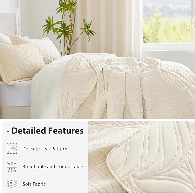 EXQ Home Queen Quilt Set Leaf Pattern Beige Bedspread | Bedding Set - Image 5