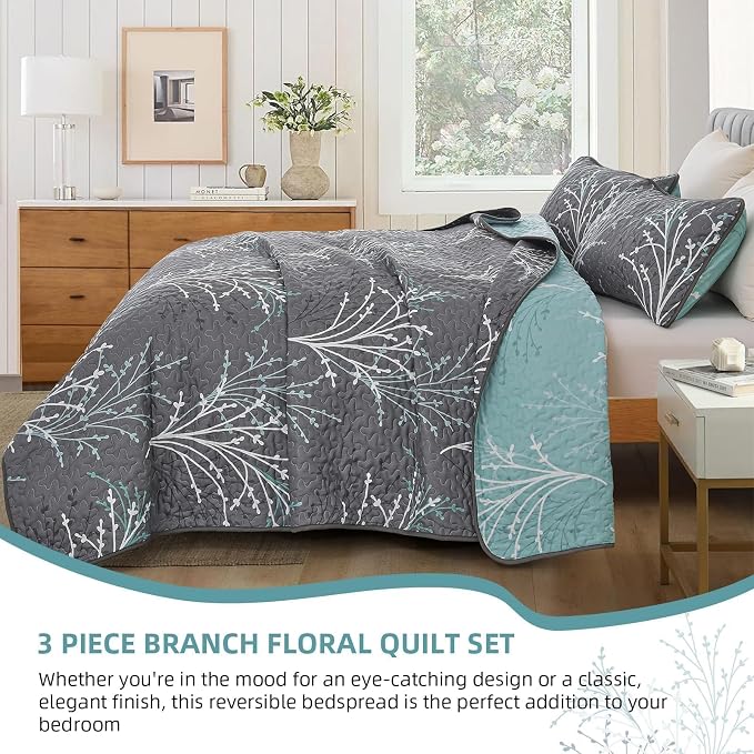 DJY King Size Quilt Set Grey Blue Reversible Bedspread Coverlet Set | 3 Piece - Image 3
