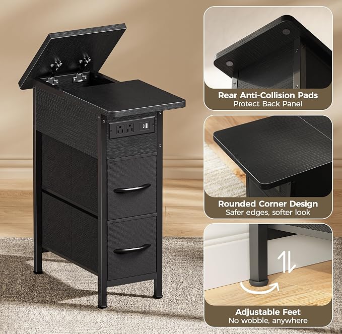 Huuger Narrow End Table with Charging Station, Side Table with 2 Drawers | Slim - Image 9