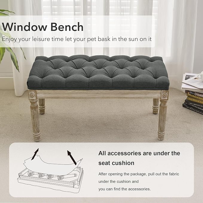 LOULENS 31'' Entryway Bench, Linen Upholstered End of Bed Bench, Dark Grey | - Image 3