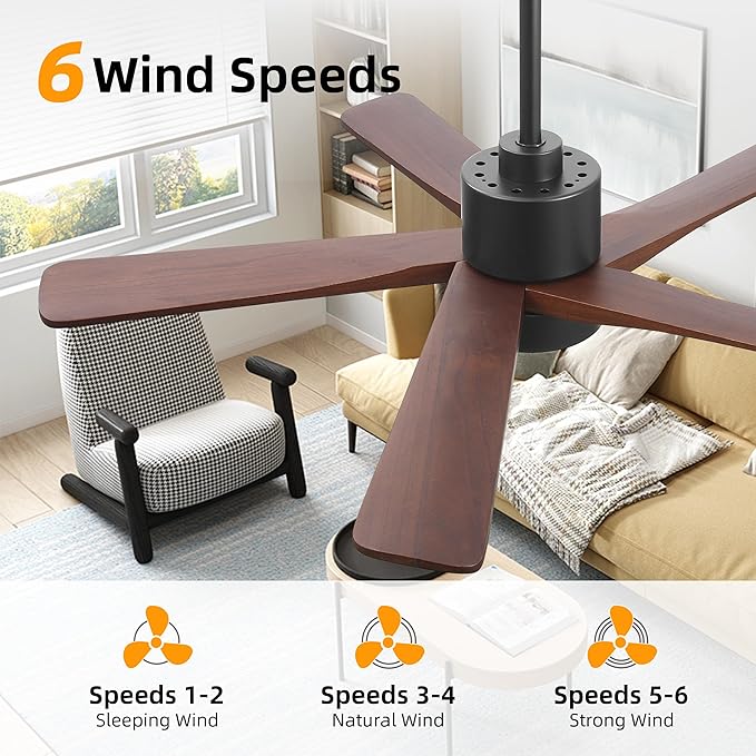 WINGBO 48 Inch DC Ceiling Fan with Lights and Remote Control, 5 Carved Solid Wood Blades, 6-Speed Noiseless Reversible DC Motor, Indoor Ceiling Fan in Matte Black Finish with Walnut Blades