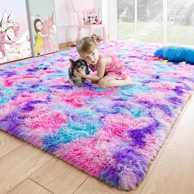 Noahas 6x9 Large Tie-Dyed Pink Purple Blue Fluffy Area Rug Non-Slip by ModernHomeDecor