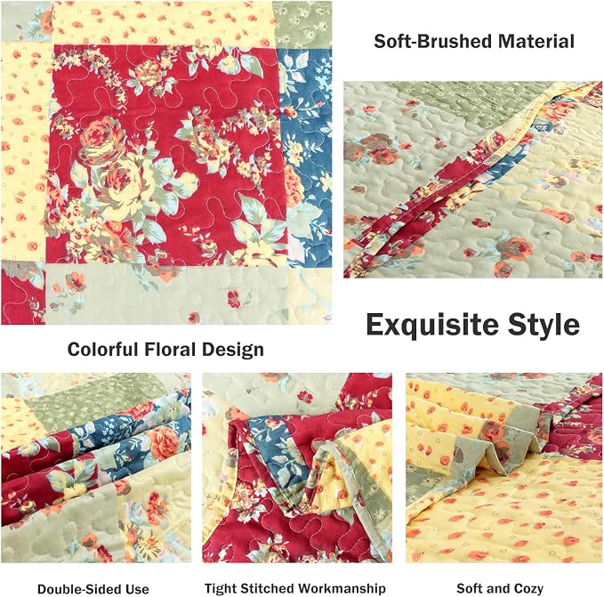 Cmfshape Summer Floral Queen Quilted Bedspread, Romantic Pink Quilt Set - Image 4
