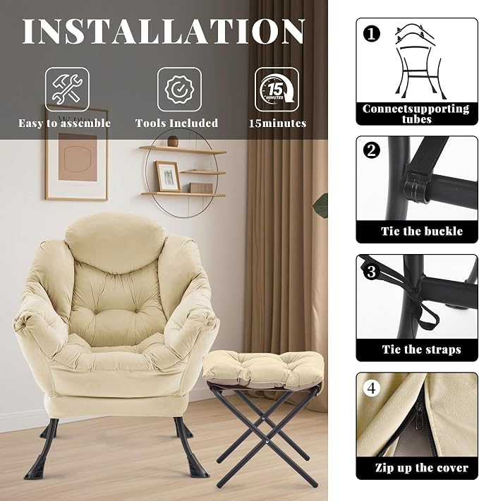 Lazy Chair with Ottoman, Comfy Reading Chair, Khaki | Cushioned Seat with - Image 6