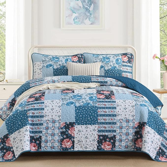 Anibedding Quilt Set King Size, 3 Pieces Blue Floral Patchwork Bedspread by Anibedding