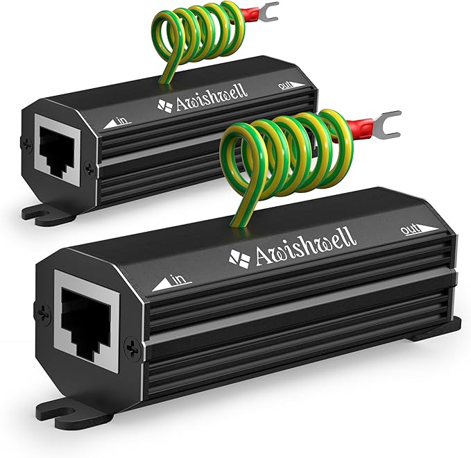 Awishwell Ethernet Surge Protector Gigabit, 10 Pack PoE++ RJ45 Surge Protector 1000Mbps, 20KA Metal Shielded Lightning Arrestor LAN Network CAT5/CAT6 Thunder Arrestor-Mounting Flange